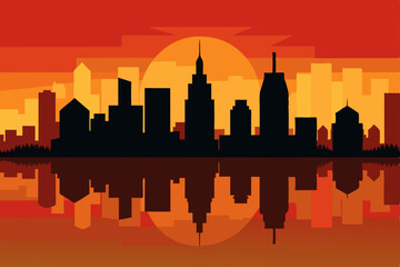 Cityscape Silhouette at Sunset Urban Skyline Reflection in Water