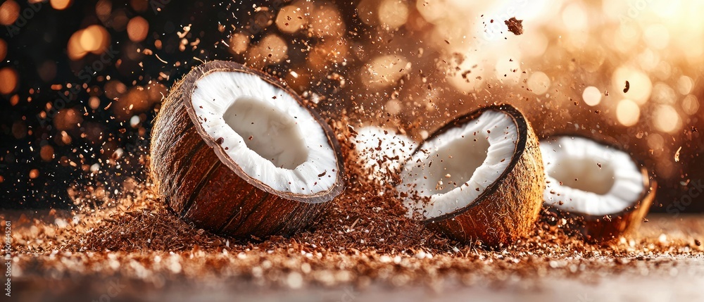 Aufkleber sliced coconuts with flying particles, illuminated
