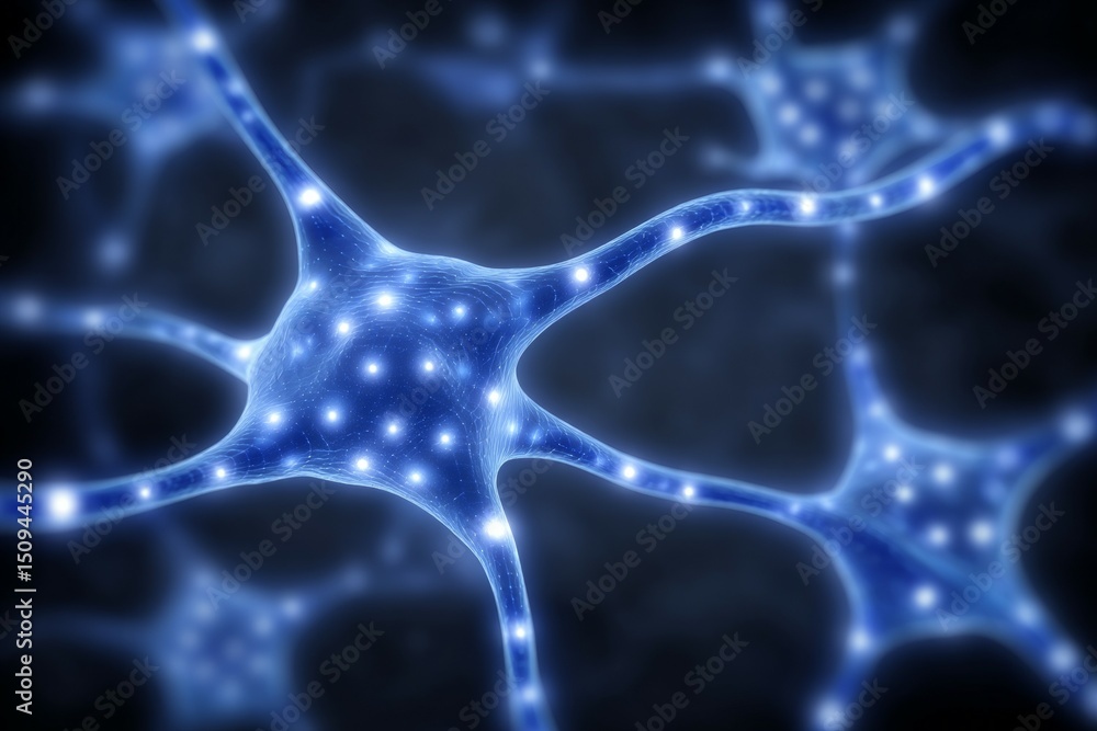 Poster glowing neurons in neural network - brain cells and connectivity