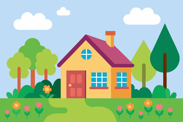 Naklejka premium House on a hill or in the forest, a charming rural landscape illustration of a home with trees, grass, and a sky