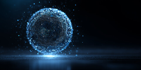 Glowing digital sphere of blue light particles suspended in dark futuristic space
