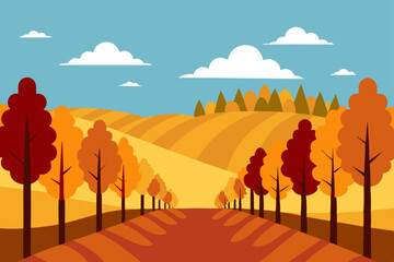 Vibrant vector landscape illustration with trees, hills, and mountains silhouetted against a colorful sunset sky, evoking summer nature and travel