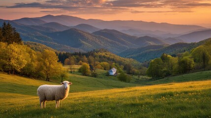 A lone sheep grazes in a lush, green valley surrounded by rolling hills and distant mountains under a vibrant sunset sky. The peaceful countryside invites serenity and reflection