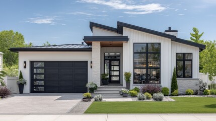 A modern house showcases a sleek design with large windows and a stylish entrance. Surrounding greenery and a well-maintained lawn enhance the inviting atmosphere in a suburban area
