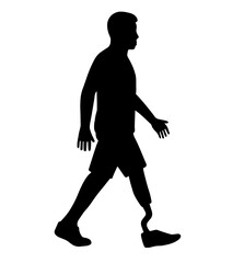 Silhouette of a Man Walking with a Prosthetic Leg. Disability Inclusion, Overcoming Physical Challenges, Adaptive Mobility, Rehabilitation Success, Symbol of Strength, Courage and Independence

