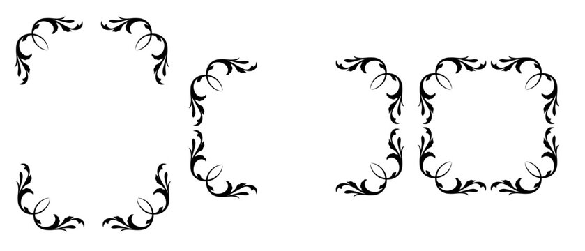 Set of Ornamental Floral Frames with Swirl Elements. Square and Rectangular Border Designs in Vintage, Baroque, Tattoo-Inspired Style. Elegant Decorative Elements for Invitations, Labels, or Graphic