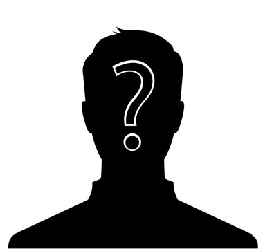 Silhouette of a Man with Question Mark on Face. Unknown Identity, Wanted Criminal, Mystery Person, Missing Individual, Anonymous Subject, Investigation or Suspicion 

