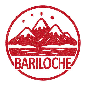Bariloche stamp featuring snowy mountains in winter illustration on transparent background, vector red