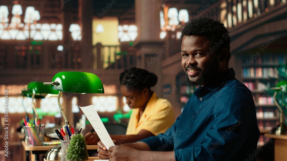 Poster university student researches academic topics in a traditional library, using the classic study spac