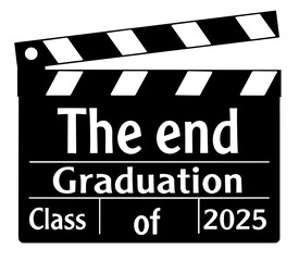 Obraz premium Cinematic Graduation Design Featuring Movie Clapperboard with “The End – Class of 2025” Text. Graduation, Farewell Ceremony, Completion of School Journey, Student Celebration, New Beginnings
