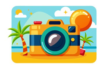 Obraz premium A colorful cartoon camera on a beach with palm trees, an ocean, and a large orange ball.