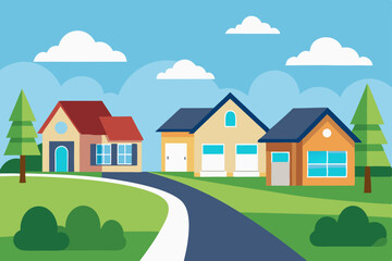 Cartoon vector illustration of a house on a hill with a rural landscape, green grass, trees, and a blue sky with clouds