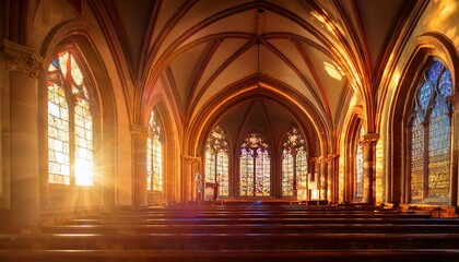 warm light entering through stained glass windows of church
