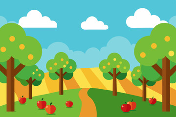 Autumn landscape illustration of a field with trees and flowers under a clear sky