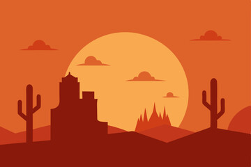 Desert landscape vector illustration with palm trees and sun, mountains, cactus, and orange sky at sunset