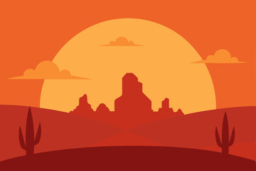 Orange sky sunset in the desert, vector illustration with mountain silhouettes, cactus, and abstract clouds