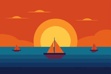 A serene sailboat or yacht glides across the ocean at sunset, embodying the perfect summer travel or sport on the water