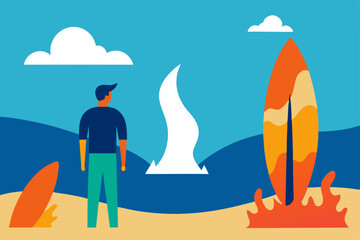 Cartoon illustration of a man on the beach with a UFO hovering over the summer sea, featuring a sailboat