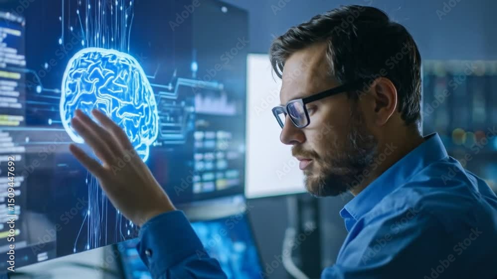 Aufkleber ai specialist interacting with a neural network interface on multiple displays