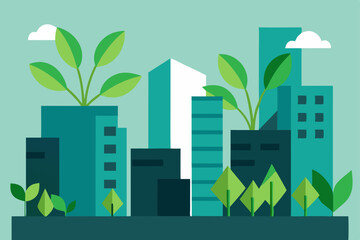 Green urban landscape with eco-friendly architecture and trees under a clear sky