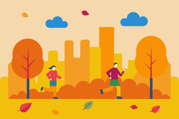 Autumn park landscape with trees and colorful leaves under a clear sky