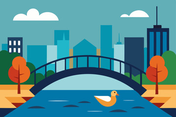 Cartoon vector illustration of a vibrant urban landscape with buildings, trees, and a clear sky, perfect for travel or city design