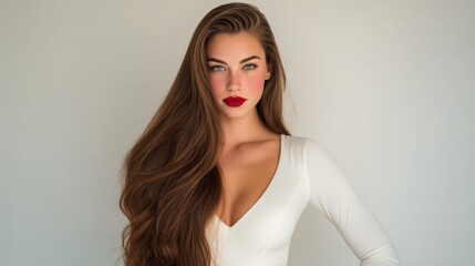 Fototapeta premium A model stands confidently, showcasing her long hair and striking lipstick in a simple studio environment. Soft lighting enhances her features, creating an elegant look