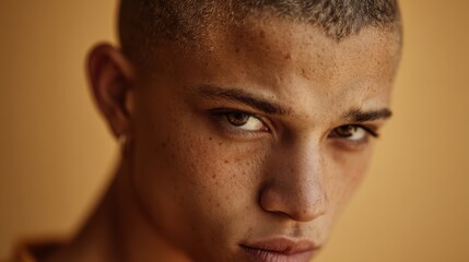 Obraz premium A young person is gazing intensely with visible freckles on their skin. The warm-toned background enhances the detailed features, showcasing a unique and striking appearance