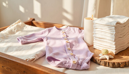 Lavender baby onesie on wooden table with folded cloth and candle  