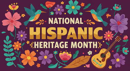 National Hispanic Heritage Month Vibrant Folk Art Illustration with Flowers, Hummingbirds, and Guitar Banner Background
