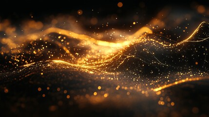 Abstract Golden Particle Background Digital Art Design Elegant Luxury Festive Sparkling Shimmering Glowing Bright Dark Night Black Texture Wave Pattern Flowing Motion Graphic      