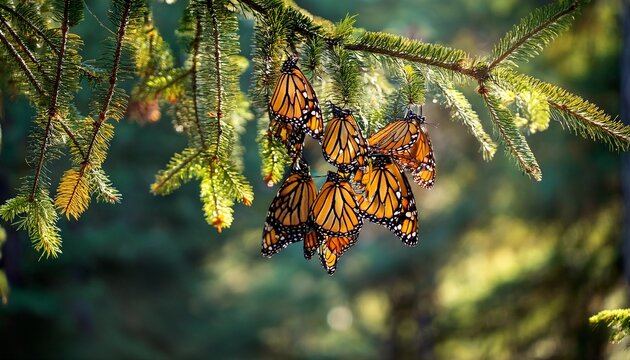 a monarch butterfly cluster hanging from oyamel fir branches in a mexican forest concept of migration miracles and fragile ecosystems