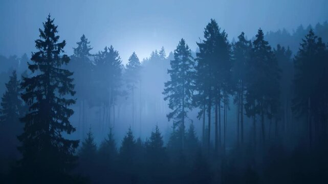 Mystical pine tree forest panorama shrouded in blue mist, creating a dreamy, atmospheric woodland scenery with nature landscape