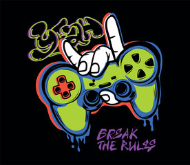 Hand hold on Gamepad. Gaming poster with joystick, street art graffiti text Yeah, break the rules. Typography gamer print with joystick. For boys graphic tees © Kseniia Koval