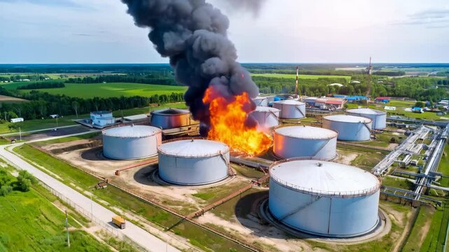 Large tank fire with billowing smoke at an industrial plant surrounded by green countryside showing dangers, risk and environmental impact.