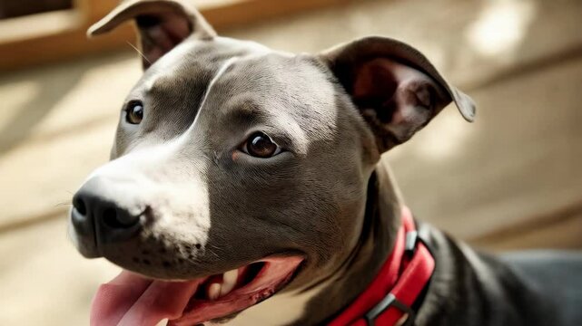 Happy gray and white pitbull dog with a red collar smiling with tongue out at the camera, close up shot.