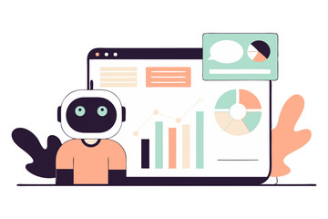 Obraz premium A friendly robot character standing in front of a large laptop screen displaying data, charts, and a chat bubble.