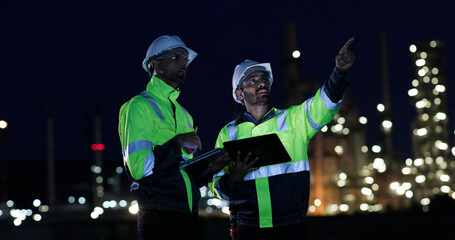 Industrial System Engineers Discussing Over Laptop And Digital Tablet While work over night at Refinery and gas petrochemical plant