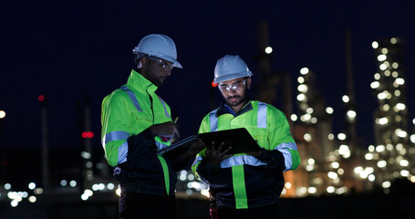Industrial System Engineers Discussing Over Laptop And Digital Tablet While work over night at Refinery and gas petrochemical plant
