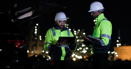 Industrial System Engineers Discussing Over Laptop And Digital Tablet While work over night at Refinery and gas petrochemical plant