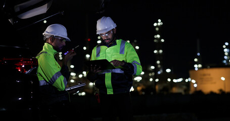 Industrial System Engineers Discussing Over Laptop And Digital Tablet While work over night at Refinery and gas petrochemical plant