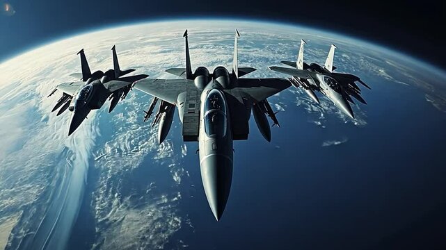 Fighter jets above Earth's orbit, aerial display, cosmic backdrop