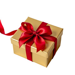 Obraz premium Bright Golden Gift Box with Shiny Red Ribbon on a White Background Ready for Celebration or Surprise