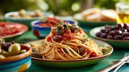 A beautifully presented plate of pasta topped with a rich tomato sauce and olives sits on a vibrant table. Surrounding dishes feature diverse Mediterranean appetizers, creating a festive atmosphere