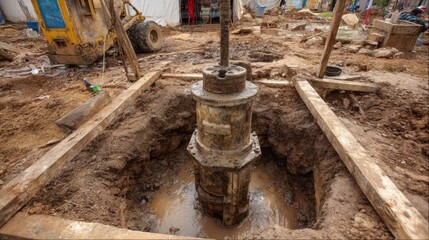 Workers excavate a deep well pump at a construction site, surrounded by mud and debris. Heavy machinery is nearby, showing a busy day of work focused on groundwater access