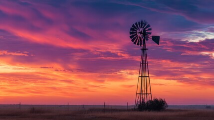 A windmill stands tall in an expansive field as the sun sets, casting stunning hues of orange, pink, and purple across the sky. The landscape is serene and picturesque