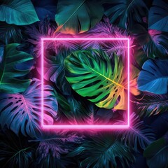 Obraz premium Neon pink square frame amidst tropical foliage