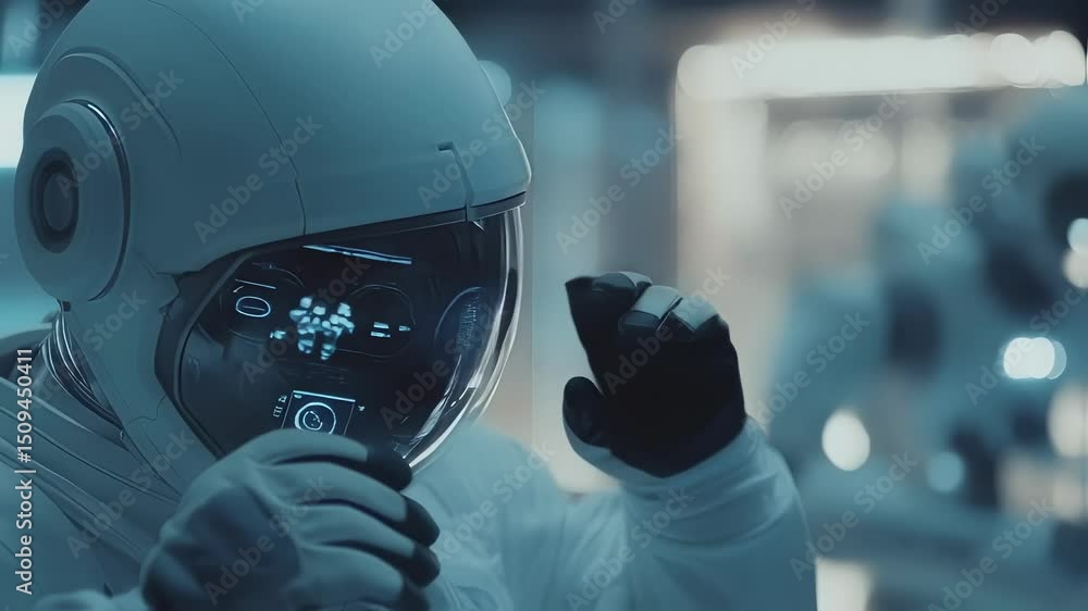 Poster spacesuited astronaut communicating through holographic projections and gestures within advanced orb