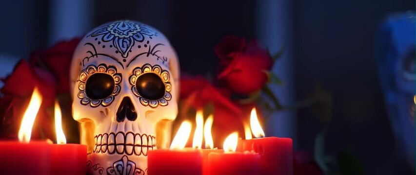 Anamorphic video Dia de muertos, sugar skull with detailed patterns among red roses