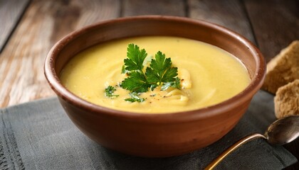 golden soup delight a close up shot of a rich creamy soup served in an earthenware bowl garnished with fresh parsley capturing the warmth and comfort of a hearty meal